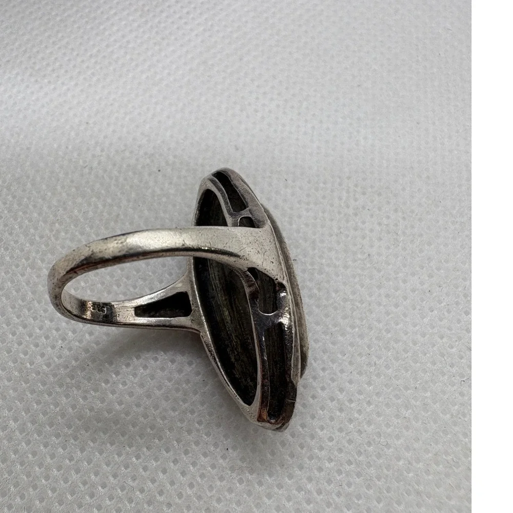 Vintage 925 Sterling Silver Black Onyx Marcasite Navette Ring Art Deco Size 5.5